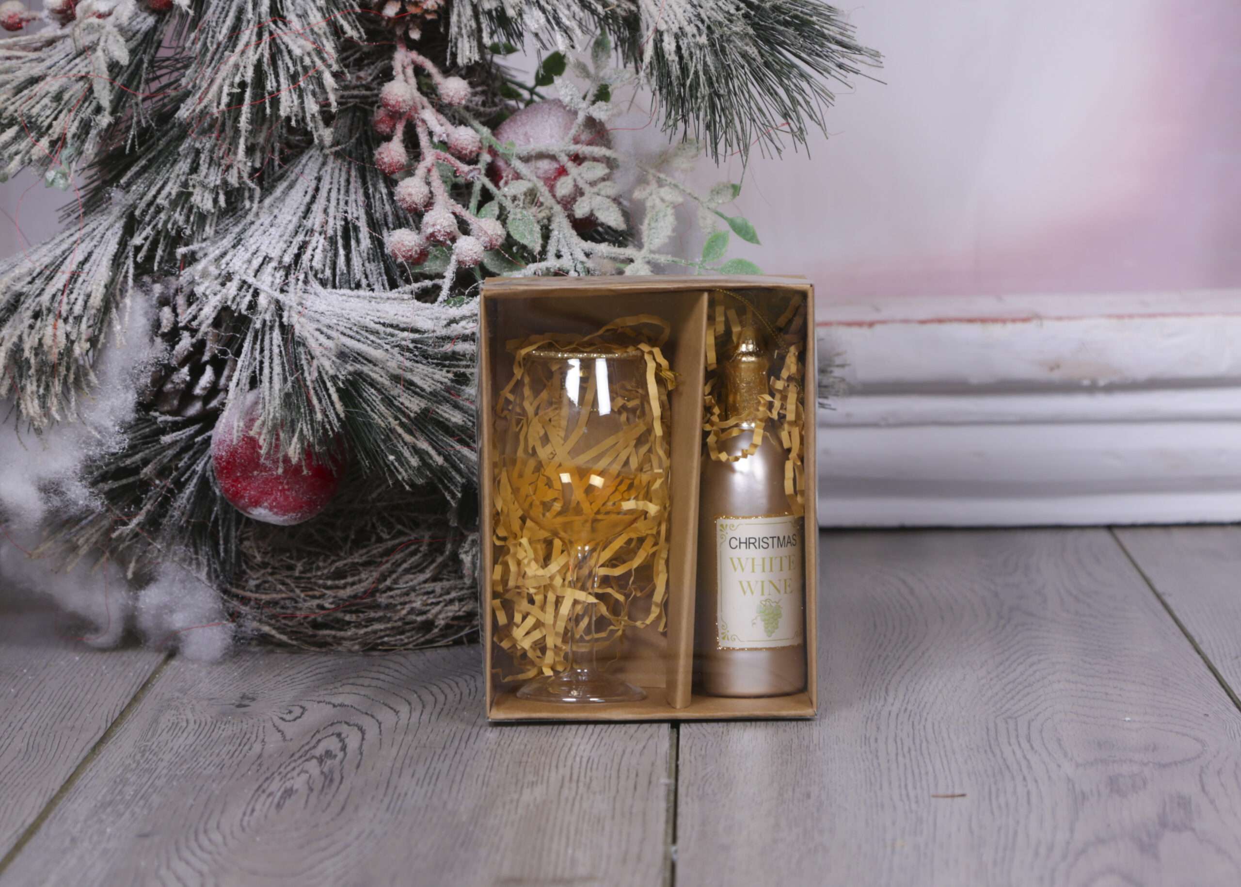 Christmas Ornament Wine Bottle and Glass - Yellow